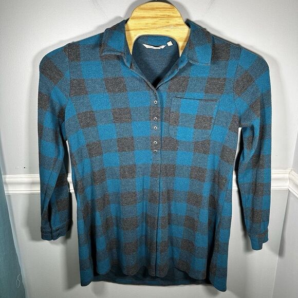 Soft Surroundings Womens Tunic Shirt Medium Teal/Gray L/S Roll Tab Sleeve Pocket - Picture 1 of 7